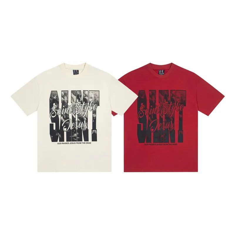100💰S06# Meichao SAINT white ink direct-injection pure cotton 260g loose short-sleeved T-shirt 29 black, apricot, red S-XL